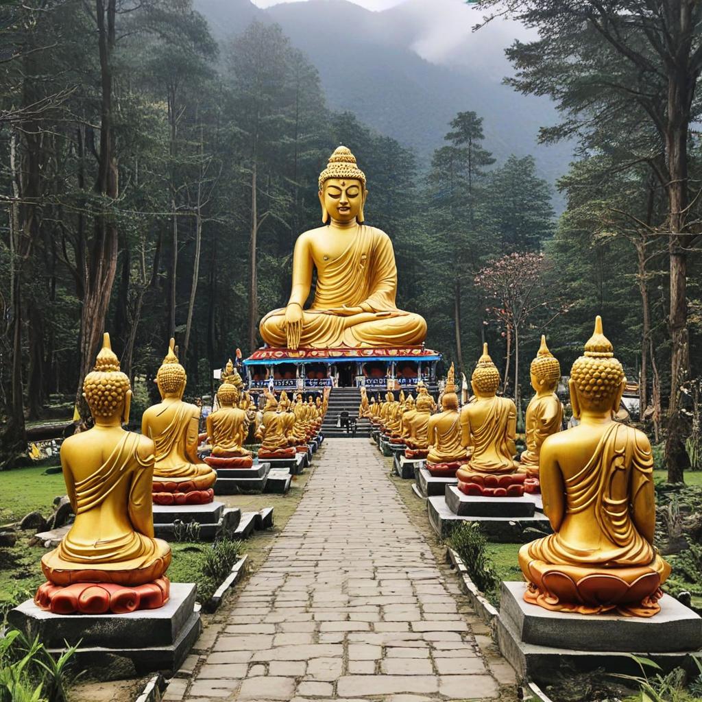 A tranquil garden adorned with numerous statues and prayer wheels, offering a serene ambiance for meditation and introspection